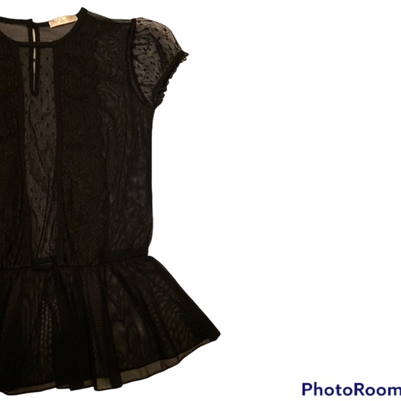 RARE SEXY VINTAGE SHEER BLACK TOP W LACE, CAP SLEEVES CINCHED WAIST BLOUSE - Picture 10 of 11